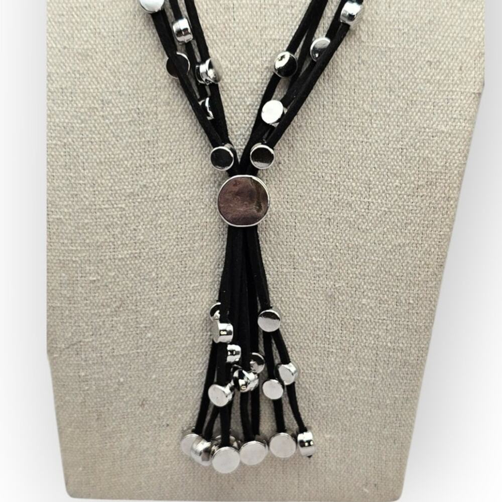 Black Multi Strand Cord Lariat Necklace Silver Beaded Tassel Drop – Modern Chic